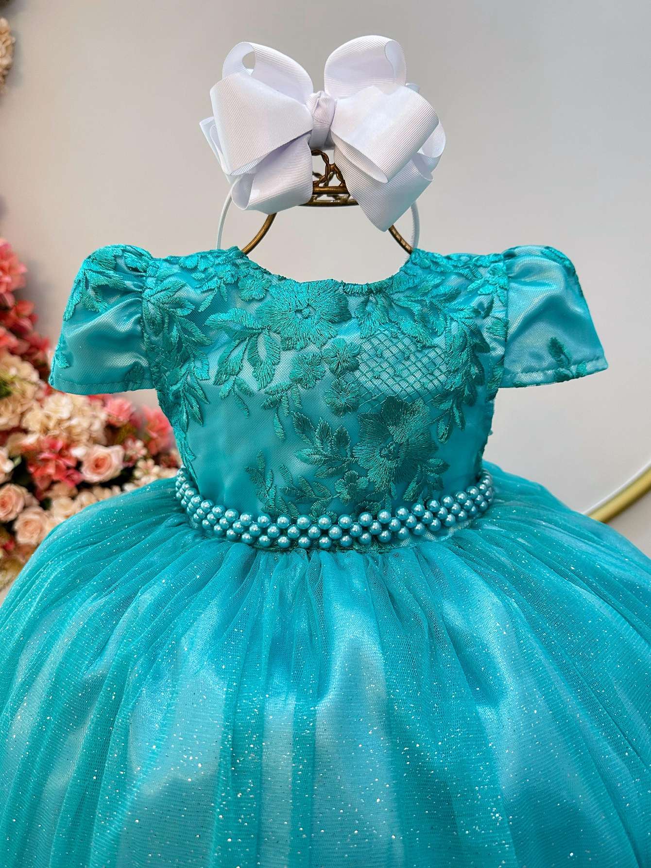 Vestido Infantil Verde Tule C/ Renda Casamento Luxo