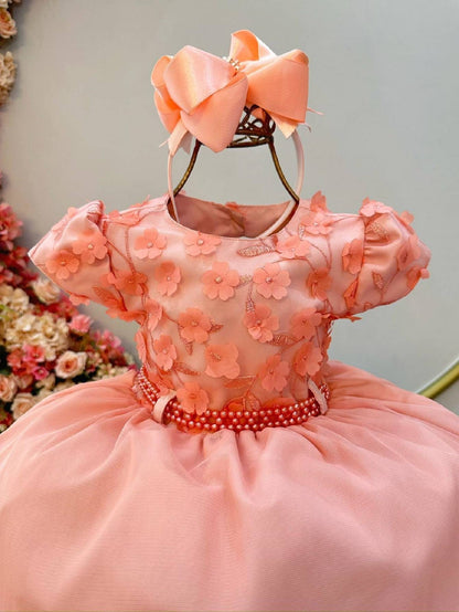 Vestido Infantil Salmão C/ Apliques de Flores e Renda Luxo