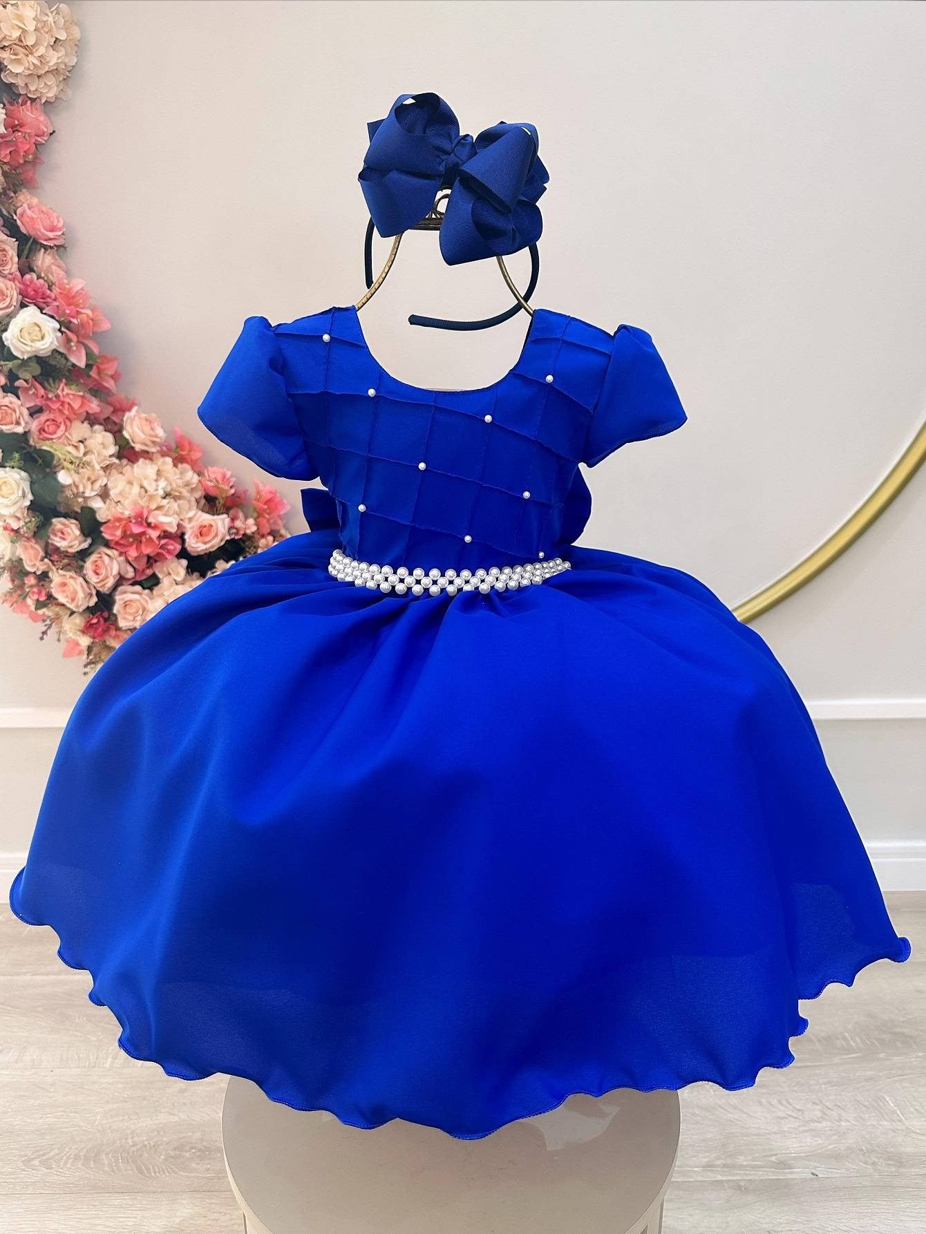 Vestido Infantil Azul Royal em Cetim com Busto Nervura e Pérolas para Daminhas