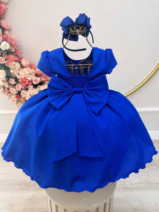 Vestido Infantil Azul Royal em Cetim com Busto Nervura e Pérolas para Daminhas