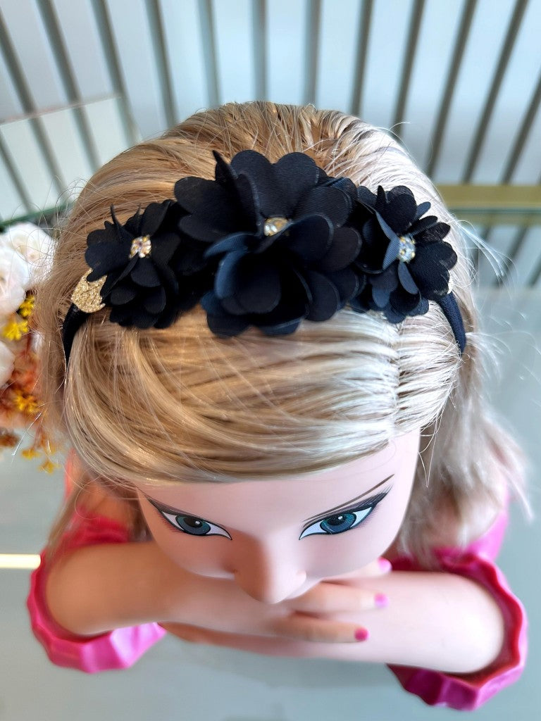 Faixinha de Cabelo Bebê Rosa em Cetim com Laço em Strass e Florzinha para Esti