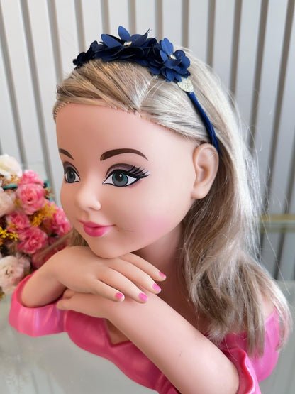 Faixinha de Cabelo Bebê Rosa em Cetim com Laço em Strass e Florzinha para Esti