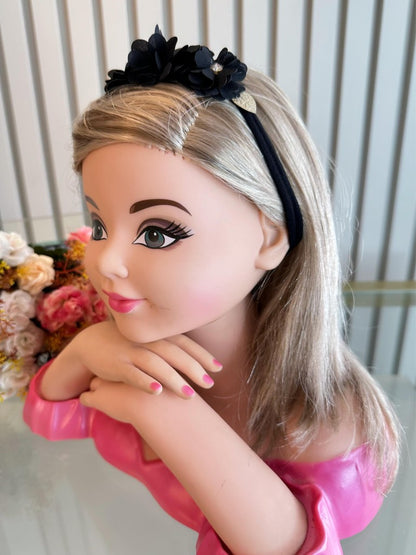 Faixinha de Cabelo Bebê Rosa em Cetim com Laço em Strass e Florzinha para Esti