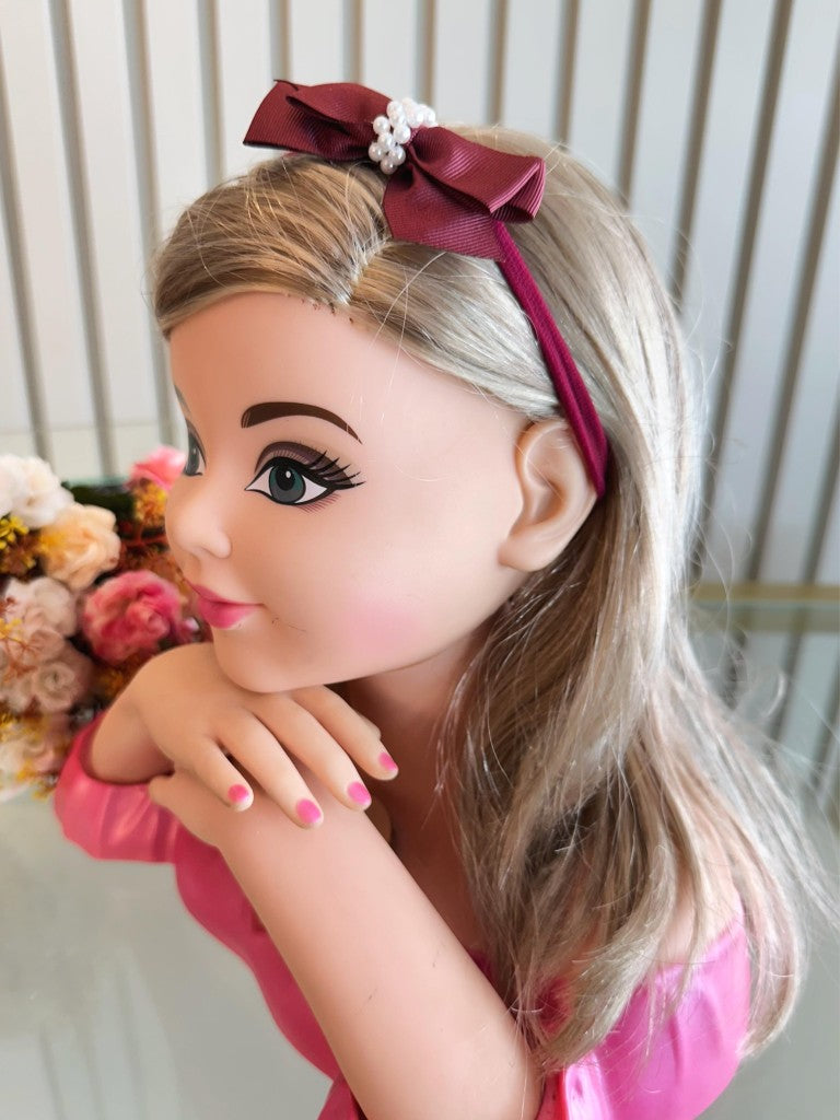 Faixinha de Cabelo Bebê Rosa em Seda com Pérolas e Laço Delicado para Estilo