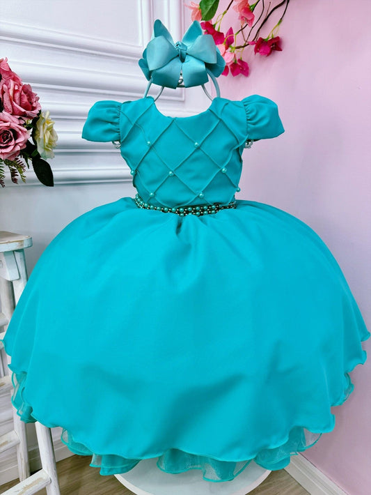 Vestido Infantil Verde em Cetim com Busto Nervura e Pérolas Luxo para Festa de Aniversário