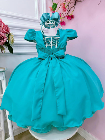 Vestido Infantil Verde em Cetim com Busto Nervura e Pérolas Luxo para Festa de Aniversário