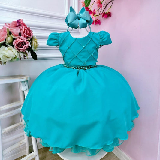 Vestido Infantil Verde em Cetim com Busto Nervura e Pérolas Luxo para Festa de Aniversário