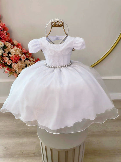 Vestido Infantil Branco em Renda com Cinto de Pérolas e Tiara Luxo para Daminhas
