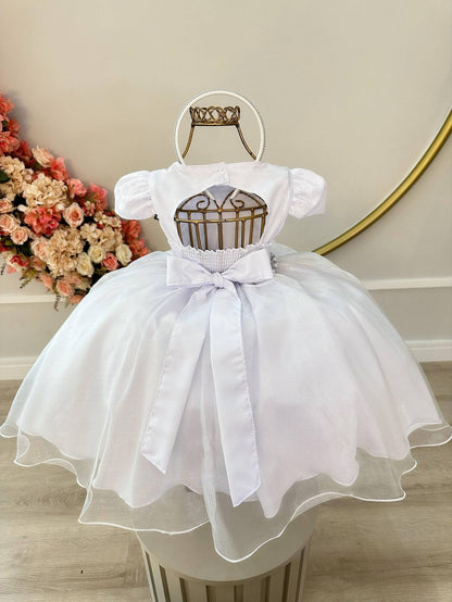 Vestido Infantil Branco em Renda com Cinto de Pérolas e Tiara Luxo para Daminhas