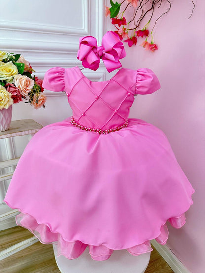 Vestido Infantil Rosa em Cetim com Cinto de Pérolas Saia Rodada para Festa de Casamento