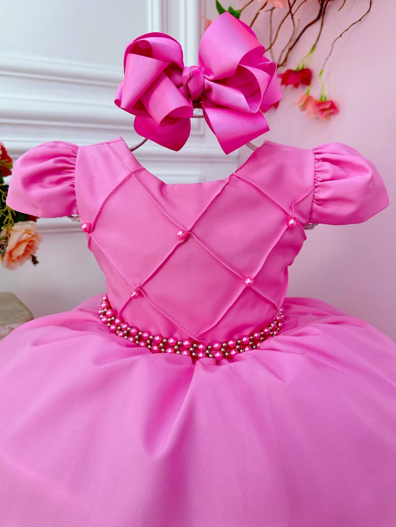 Vestido Infantil Rosa em Cetim com Cinto de Pérolas Saia Rodada para Festa de Casamento