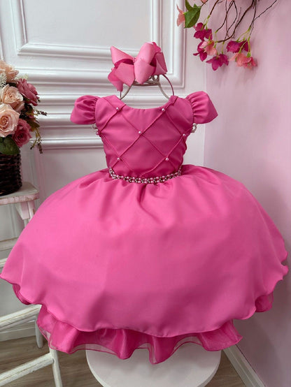 Vestido Infantil Rosa Chiclete em Cetim com Cinto de Pérolas para Damas de Casamento