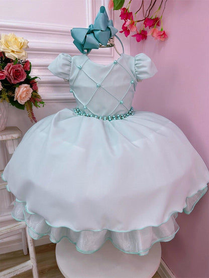 Vestido Infantil Verde Claro em Cetim com Cinto de Pérolas para Casamentos