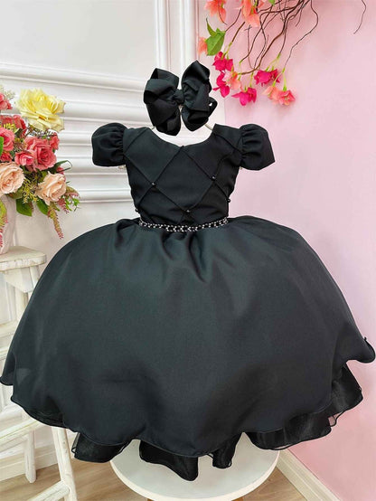 Vestido Infantil Preto em Cetim com Cinto de Pérolas Saia Rodada para Casamentos