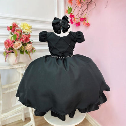 Vestido Infantil Preto em Cetim com Cinto de Pérolas Saia Rodada para Casamentos