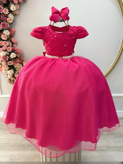Vestido Infantil Longo Pink em Tecido com Busto Nervurado e Saia Rodada para Festas Daminhas