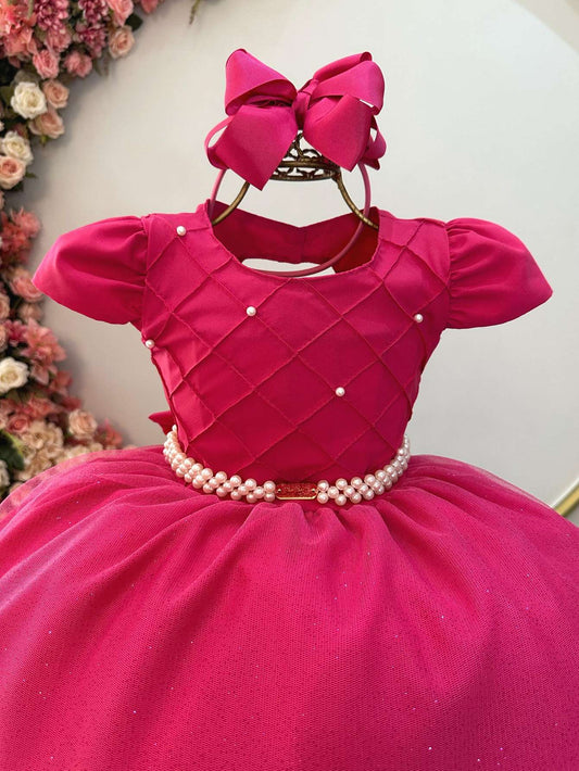 Vestido Infantil Longo Pink em Tecido com Busto Nervurado e Saia Rodada para Festas Daminhas