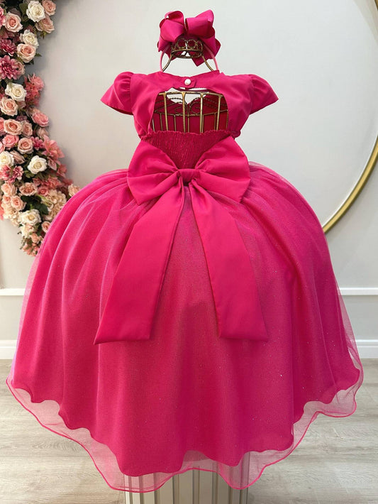 Vestido Infantil Longo Pink em Tecido com Busto Nervurado e Saia Rodada para Festas Daminhas
