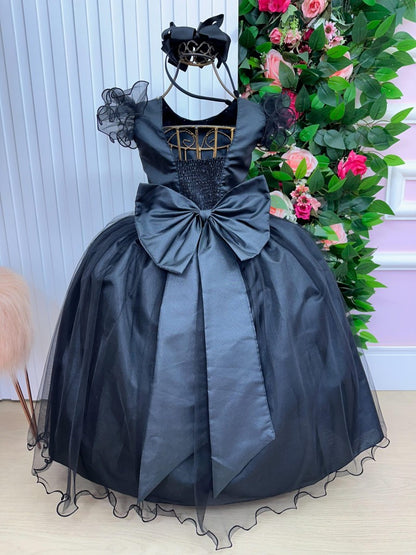 Vestido Infantil Preto em Cetim com Saia Rodada e Brilho Luxuoso para Festa de Aniversário
