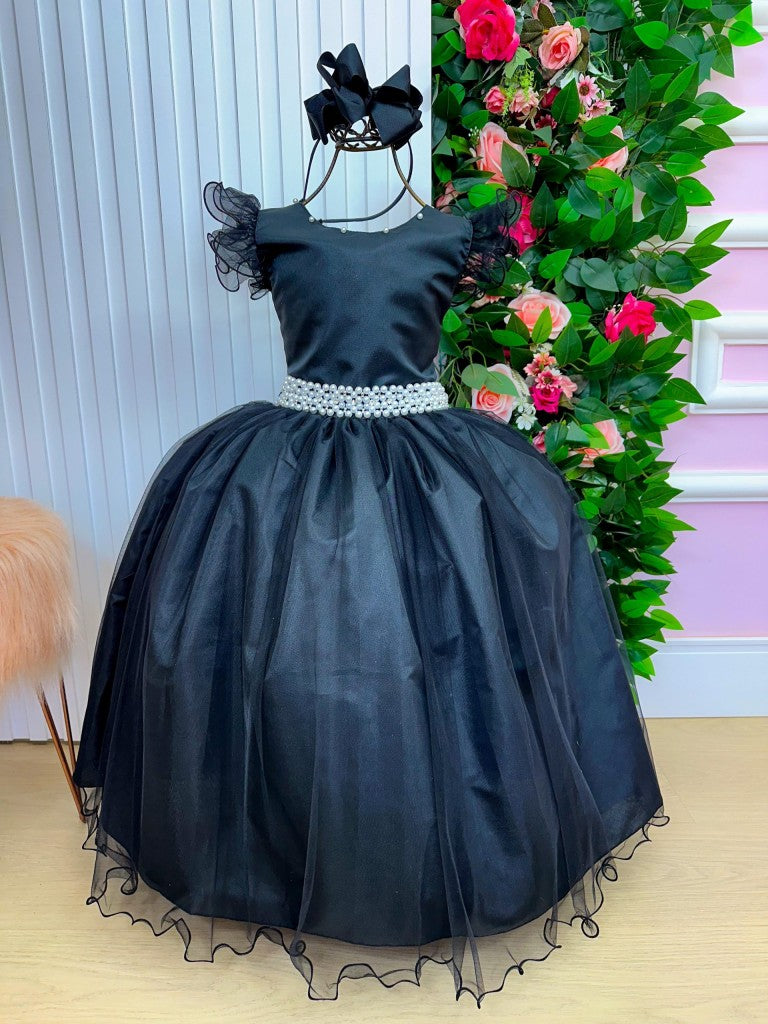 Vestido Infantil Preto em Cetim com Saia Rodada e Brilho Luxuoso para Festa de Aniversário