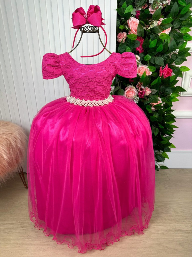 Vestido Infantil Pink em Renda com Saia Rodada e Laço nas Costas para Festa de Aniversário