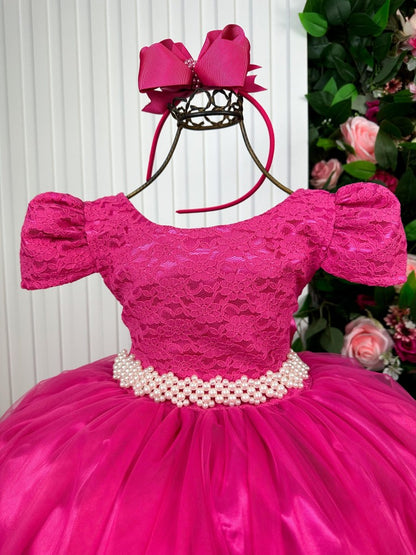Vestido Infantil Pink em Renda com Saia Rodada e Laço nas Costas para Festa de Aniversário