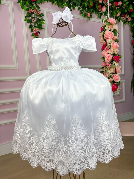 Vestido Infantil Branco em Renda com Saia Rodada para Daminhas