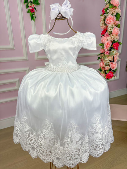 Vestido Infantil Branco em Renda com Saia Rodada para Daminhas
