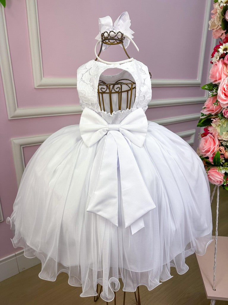 Vestido Infantil Branco em Tecido Misto com Saia Longa e Laço nas Costas