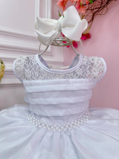 Vestido Infantil Branco em Renda com Cinto de Pérolas e Saia Rodada para Daminhas