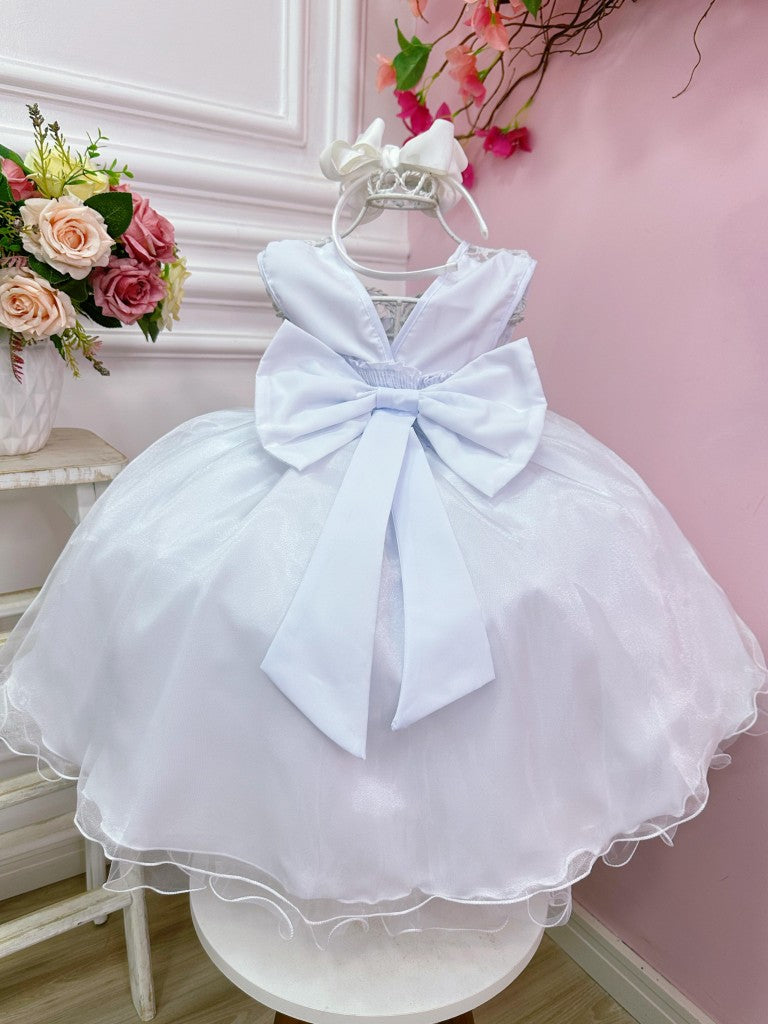 Vestido Infantil Branco em Renda com Cinto de Pérolas e Saia Rodada para Daminhas
