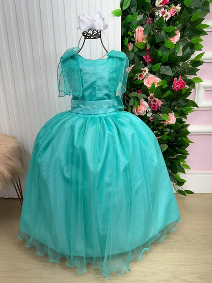Vestido Infantil Verde Tiffany em Cetim com Saia Rodada para Festa de Aniversário