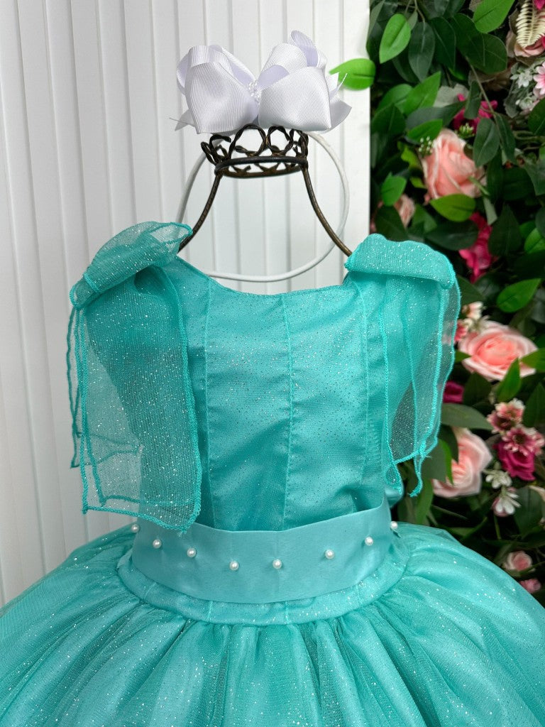 Vestido Infantil Verde Tiffany em Cetim com Saia Rodada para Festa de Aniversário
