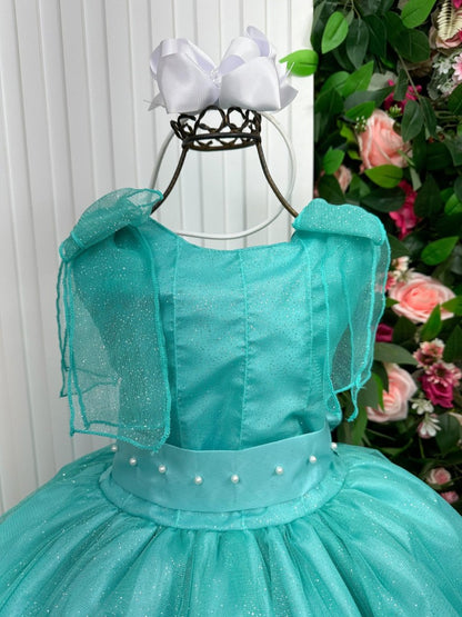 Vestido Infantil Verde Tiffany em Cetim com Saia Rodada para Festa de Aniversário