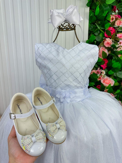 Vestido Infantil Branco em Laço com Saia Rodada para Daminhas