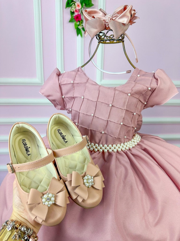 Vestido Infantil Rosa em Poliéster com Peito em Pérolas e Gola para Festa de Aniversário
