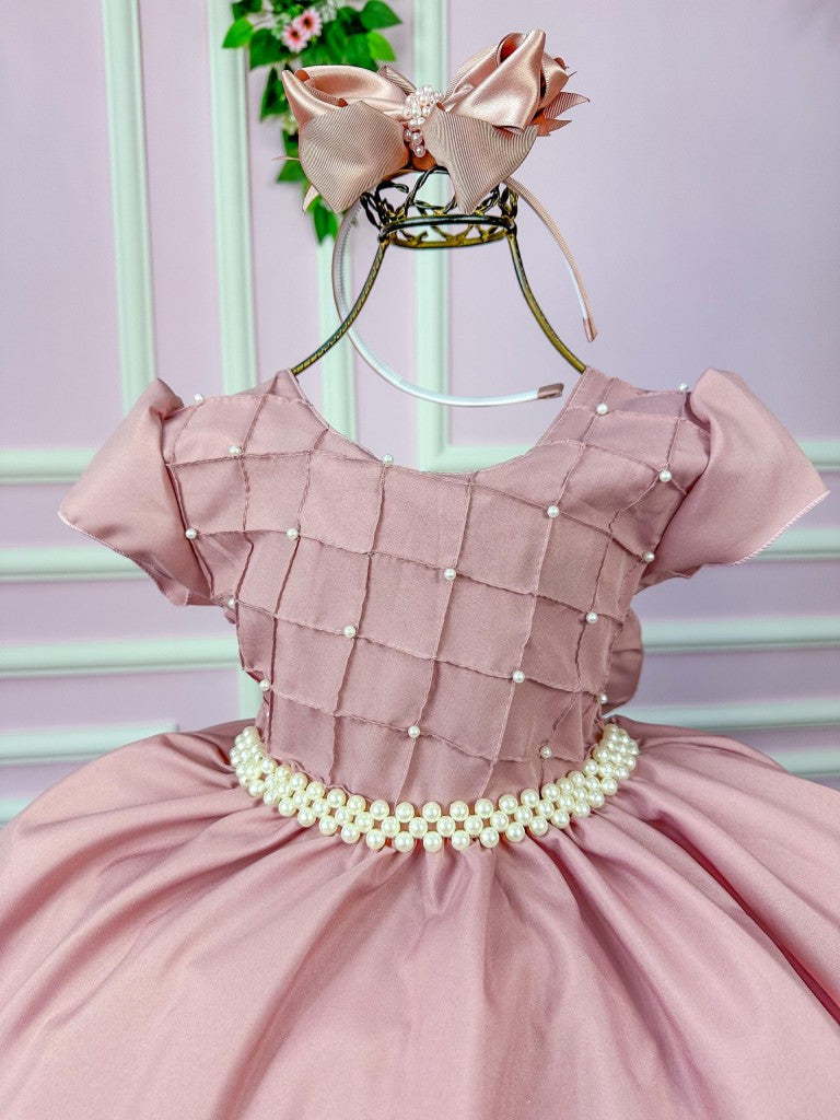 Vestido Infantil Rosa em Poliéster com Peito em Pérolas e Gola para Festa de Aniversário