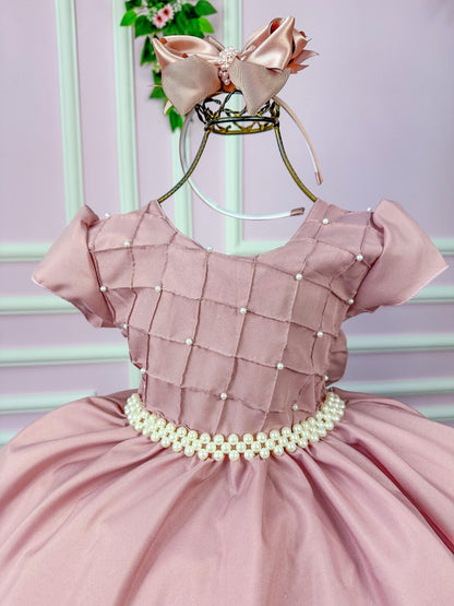 Vestido Infantil Rosa em Poliéster com Peito em Pérolas e Gola para Festa de Aniversário