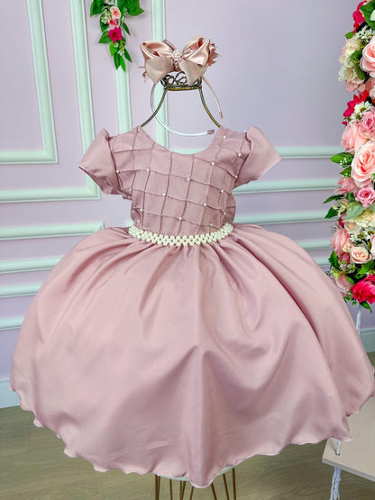 Vestido Infantil Rosa em Poliéster com Peito em Pérolas e Gola para Festa de Aniversário