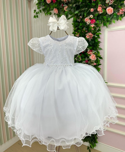 Vestido Infantil Branco em Tafetá com Laços e Pérolas para Daminhas