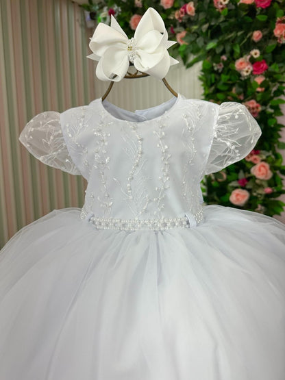 Vestido Infantil Branco em Tafetá com Laços e Pérolas para Daminhas
