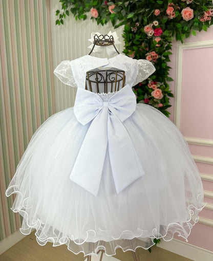 Vestido Infantil Branco em Tafetá com Laços e Pérolas para Daminhas