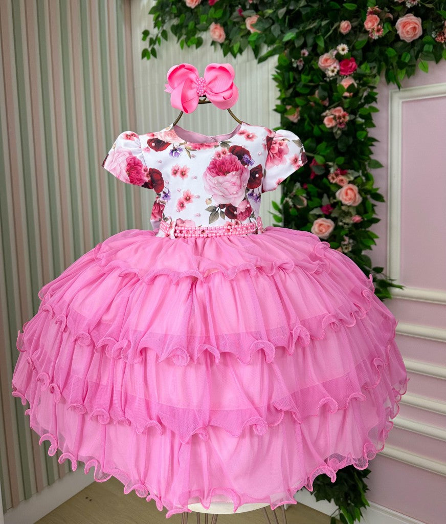 Vestido Infantil Rosa Chiclete em Tafetá com Apliques em Pérolas e Gola Redonda para Daminhas