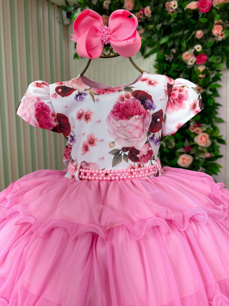 Vestido Infantil Rosa Chiclete em Tafetá com Apliques em Pérolas e Gola Redonda para Daminhas