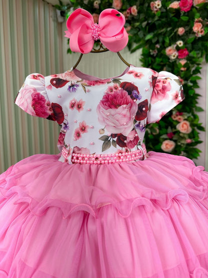 Vestido Infantil Rosa Chiclete em Tafetá com Apliques em Pérolas e Gola Redonda para Daminhas