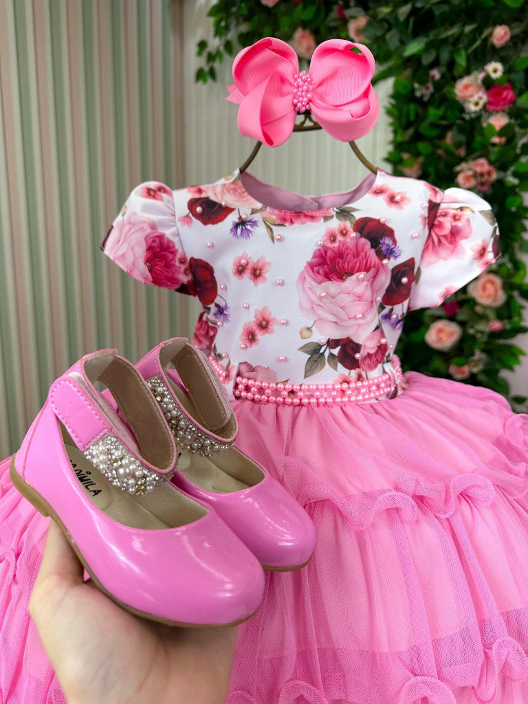 Vestido Infantil Rosa Chiclete em Tafetá com Apliques em Pérolas e Gola Redonda para Daminhas