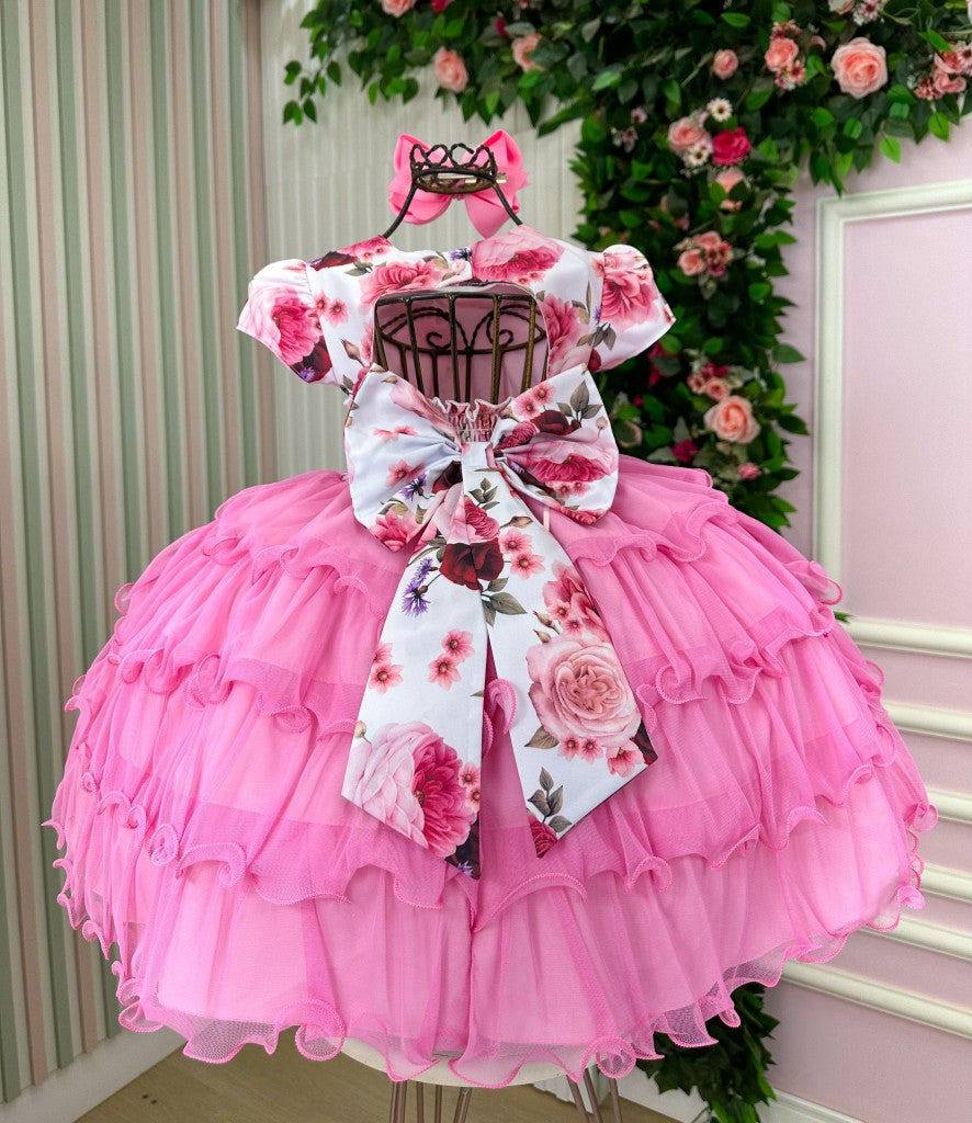 Vestido Infantil Rosa Chiclete em Tafetá com Apliques em Pérolas e Gola Redonda para Daminhas
