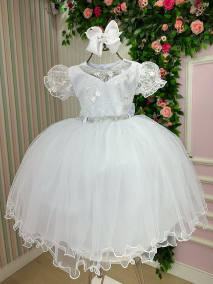 Vestido Infantil Branco em Tule com Renda e Saia Rodada para Daminhas