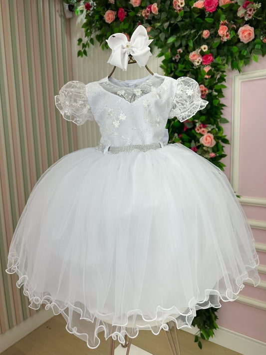 Vestido Infantil Branco em Tule com Renda e Saia Rodada para Daminhas