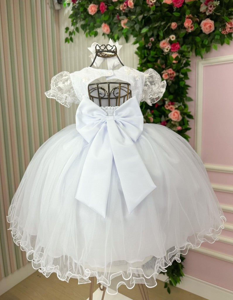 Vestido Infantil Branco em Tule com Renda e Saia Rodada para Daminhas